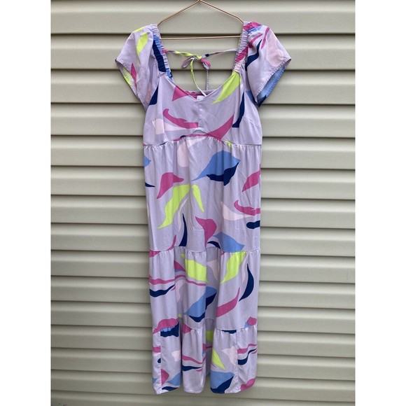 Isabel Maternity Flutter Short Sleeve Woven Maternity Dress - Lavander Print L - Picture 3 of 9